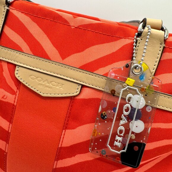 💰SALE💰 COACH Signature Fabric Orange/Tan Zebra Print Tote w/Leather Trim - Picture 10 of 14